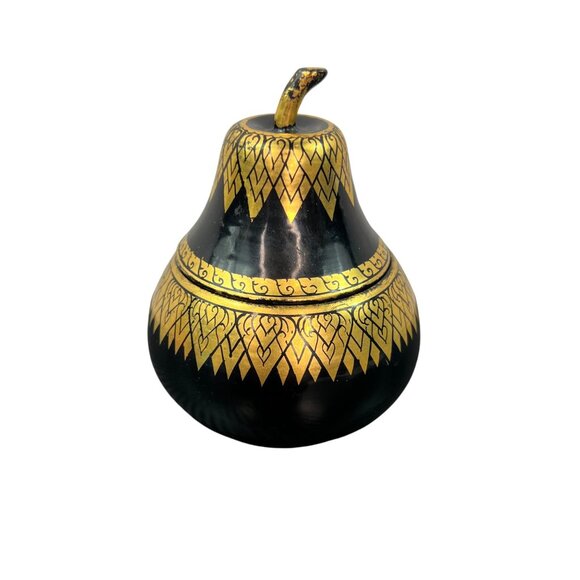 Decorative Black & Gold Thai Style Wooden Pear Trinket Box Lacquerware - Picture 1 of 9